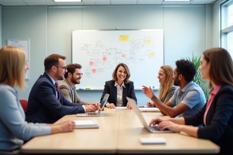 Team members discussing ideas in a meeting room